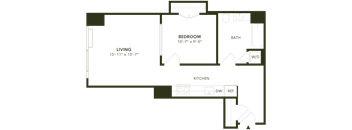 A floor plan of a house with a living room, kitchen, bedroom, and bathroom.
