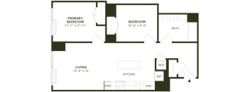 A floor plan of a house with a primary bedroom, a living area, a kitchen, a bathroom, and a bedroom.