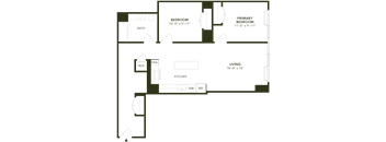 A floor plan of a house with a living room, kitchen, two bedrooms, a bathroom, and a pantry.