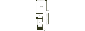 A floor plan of a living space with a kitchen, bathroom, and wig room.