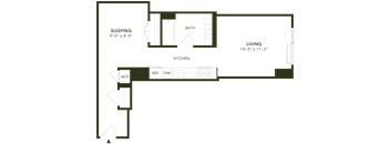 A floor plan of a small apartment with a sleeping area, kitchen, and living room.