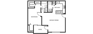 a floor plan of a living room with a bedroom and a kitchen