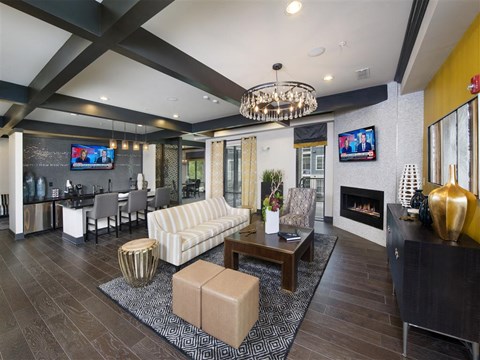 a living room with a couch and a table
