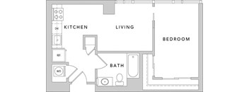 a floor plan of a studio apartment with a bedroom and a bathroom