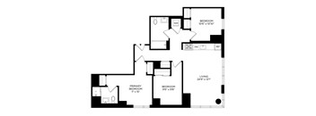 A black and white image of a floor plan for a home with a living area, two bedrooms, and a bathroom.
