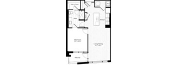 a floor plan of a room with a bathroom and a bedroom