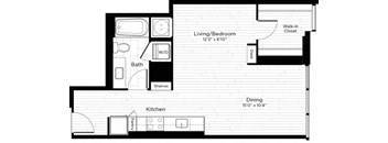 a floor plan of a small apartment with a bedroom and a bathroom