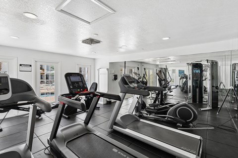 A gym with treadmills, exercise bikes, and other equipment.