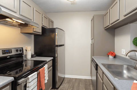 A kitchen with a black refrigerator and stove.