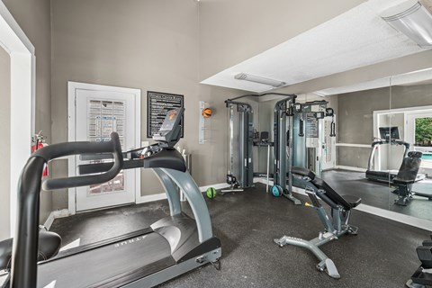 A gym with treadmills, weights, and exercise machines.