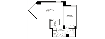 a drawing of a floor plan of a house with a bedroom and a living room