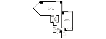 a floor plan of a house with a bedroom and a living room with a staircase