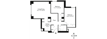 a floor plan of a living room with a kitchen and a bedroom