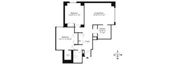 a blueprint of a floor plan of a house with two bedrooms and a living room