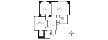 a blueprint of a floor plan of a house with two bedrooms and a living room