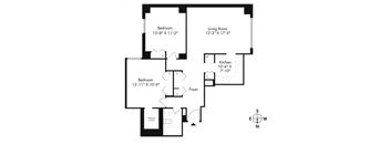 a blueprint of a floor plan of a house with two bedrooms and a living room