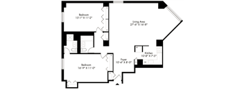 a floor plan of a house with two bedrooms and a living room with a staircase