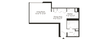 a floor plan of a living room with a kitchen and a dining area