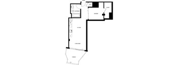 A floor plan of a house with a kitchen, living room, and bathroom.