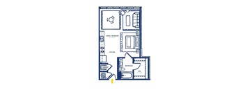 A floor plan of a house with a living room, kitchen, and bathroom.
