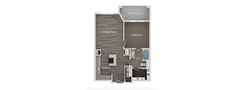 a stylized floor plan with a bedroom and a living room