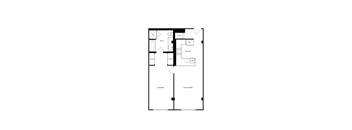 A floor plan of a house with a living room, dining room, kitchen, bathroom, and two closets.