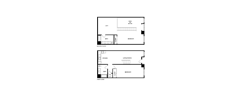 A floor plan of a two-story home with a living room, dining room, kitchen, two bedrooms, and bathrooms.