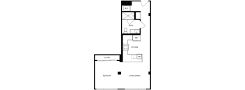 A black and white floor plan of a small apartment with a bedroom, living/dining area, kitchen, bathroom, and closet.