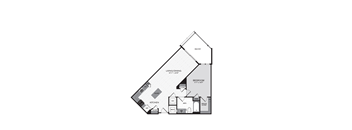 A black and white floor plan of a home with a living room, kitchen, and bedroom.