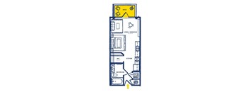 2D drawing of a Studio floor plan layout.  Balcony is highlighted as not all Studios have a balcony