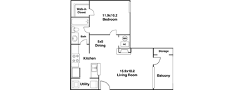 a floor plan of a bedroom apartment with a living room and a dining room
