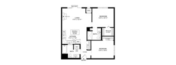 A floor plan of a home with two bedrooms, a living room, a kitchen, a bathroom, a foyer, a walk-in closet, and a panic room.