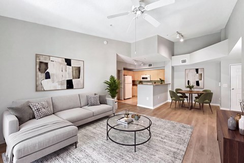 A living room with a grey couch and a coffee table.