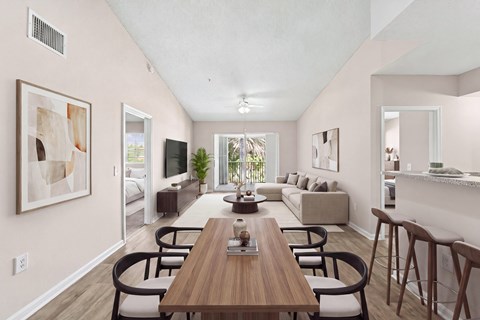 A dining room with a wooden table and chairs.