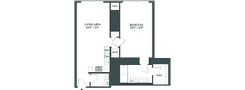 A floor plan of a home with a living area, bedroom, and a workspace.