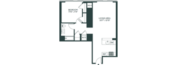 A floor plan of a room with a bedroom, living area, and a reference section.
