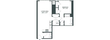 A floor plan of a small apartment with a living area, bedroom, and bathroom.