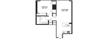 A floor plan of a room with a bedroom, living area, and a reference section.