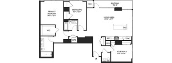 A black and white floor plan of a house with three bedrooms and a living area.