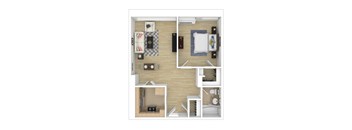 A top-down view of a modern apartment layout with a living room, kitchen, and bedroom.
