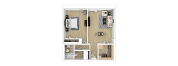 A series of images showing different layouts of a small apartment.
