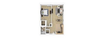 A top down view of a small apartment with a bedroom, living room, and kitchen.