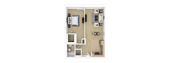 A top down view of a small apartment with a bedroom, living room, and kitchen.