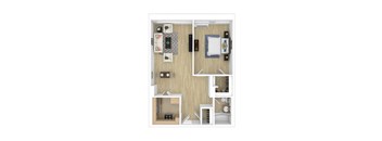 A top-down view of a small apartment with a living room, kitchen, and bedroom.