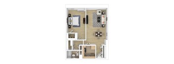 A top down view of a small apartment with a bedroom, living room, and kitchen.