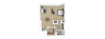 A top-down view of a small apartment with a living room, kitchen, and bedroom.