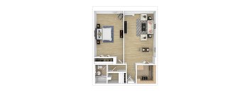 A top down view of a small apartment with a bedroom, living room, and kitchen.