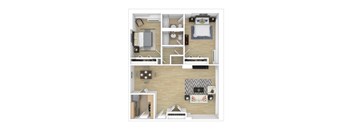 A top-down view of a small apartment layout with a kitchen, living room, and bedroom.