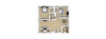 A floor plan of a small apartment with a bedroom, living room, kitchen, and bathroom.