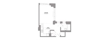 A floor plan of a house with a living room and a kitchen.
